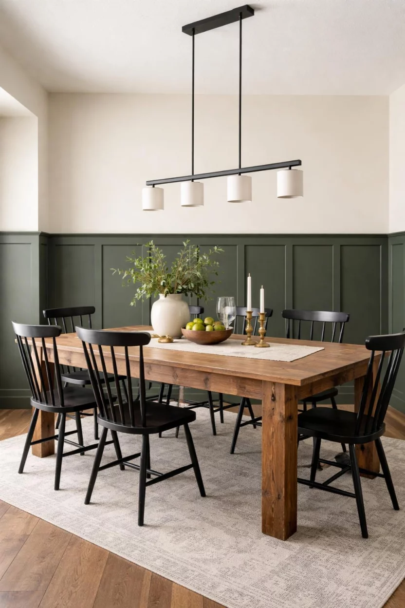 Forest Green Board And Batten A realistic photo of a dining room with dark forest green board and batten wainscoting, cream upper walls, a rustic farmhouse dining table, black spindle chairs, and a matte black linear pendant light.