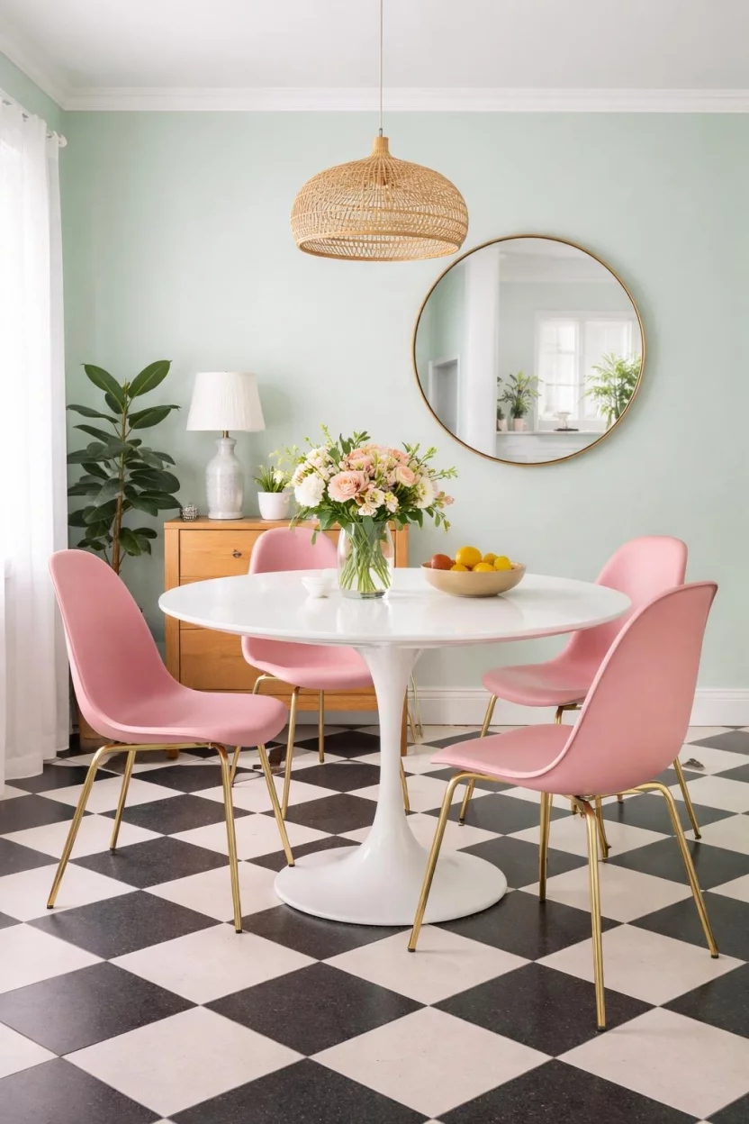 Mint Green Pastel Retro Revival A realistic photo of a dining room with mint green walls, a white tulip dining table, pink mid century modern plastic chairs, a round wall mirror with a thin gold frame, and checkered floor tiles.