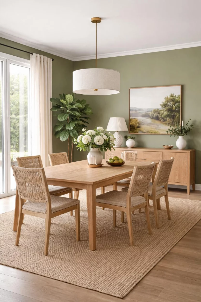 Olive Green And Natural Textures A realistic photo of a dining room featuring olive green walls, a large jute area rug, a light oak dining table, woven rattan dining chairs, and a tall potted fiddle leaf fig plant in the corner.