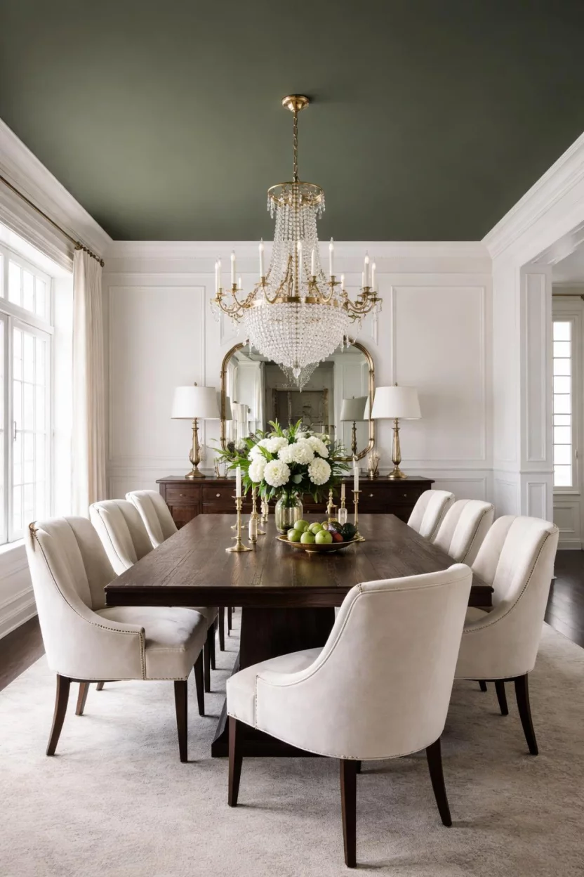Deep Moss Green Ceilings A realistic photo of a dining room with white walls, a deep moss green painted ceiling, a crystal chandelier, a dark oak dining table, and cream velvet chairs.