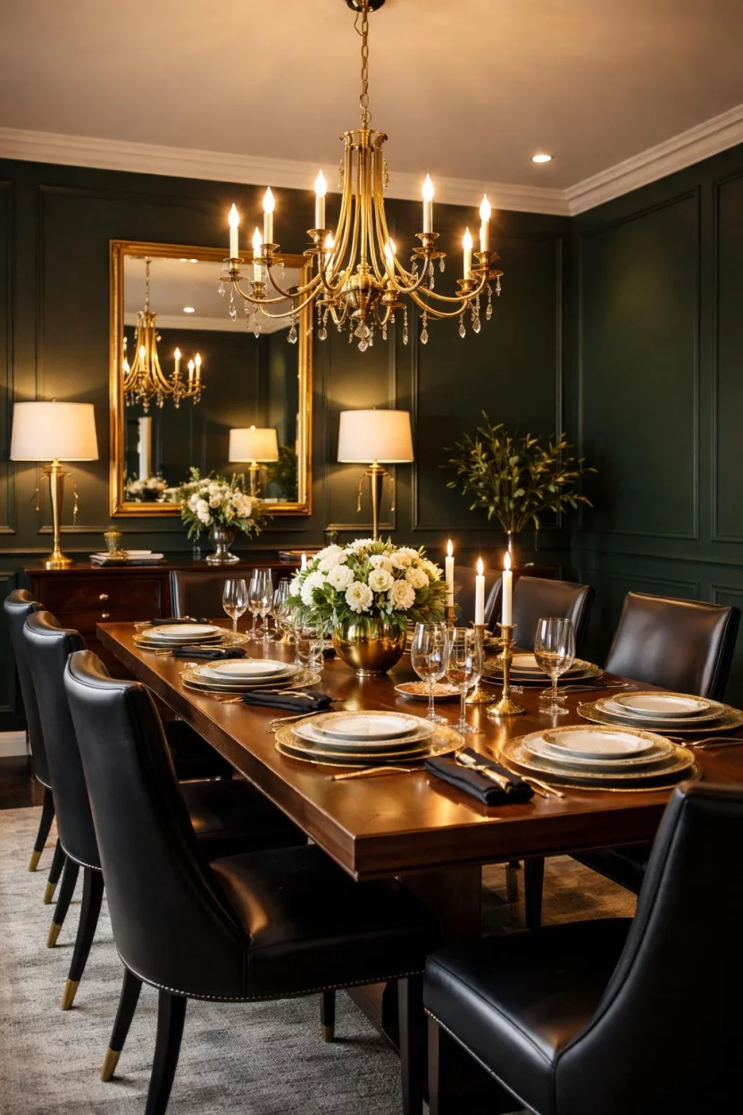 Dark Emerald Walls With Brass Accents A realistic photo of a dining room featuring dark emerald green walls, a polished brass chandelier, a dark walnut dining table, gold rimmed dinnerware, and black leather chairs under warm yellow ambient lighting.