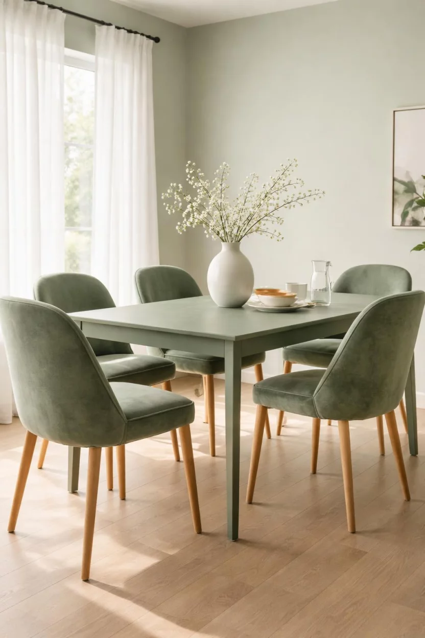 Monochromatic Sage For Quiet Elegance A realistic photo of a dining room with soft sage green walls, a matching sage green wooden dining table, velvet sage green chairs, a minimalist white ceramic vase, and natural sunlight streaming through sheer white curtains onto a light oak floor.