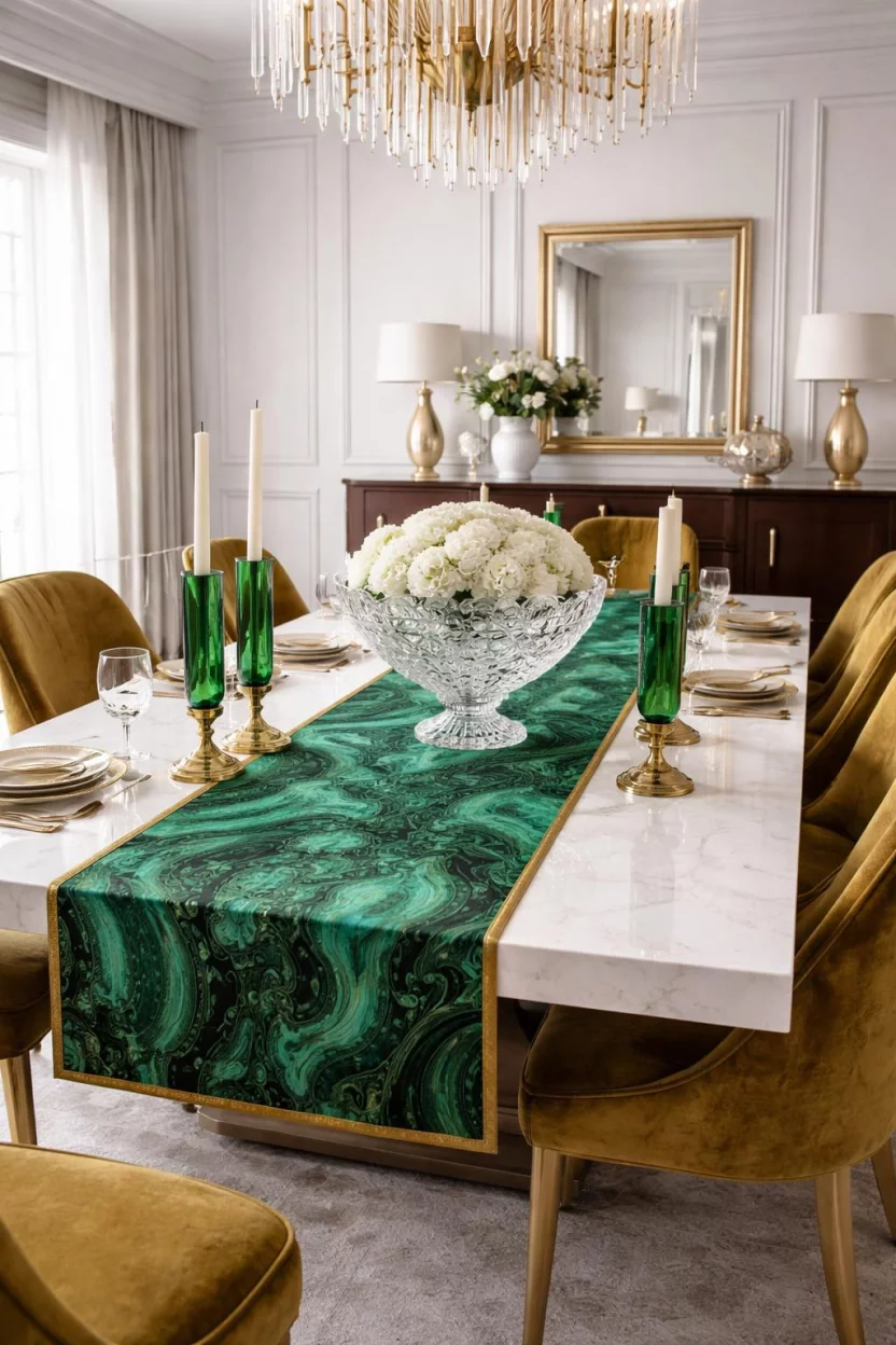 Malachite Patterned Accents A realistic photo of a dining room with white walls, a dining table with a malachite patterned runner, green glass candle holders, gold velvet chairs, and a large crystal bowl centerpiece.