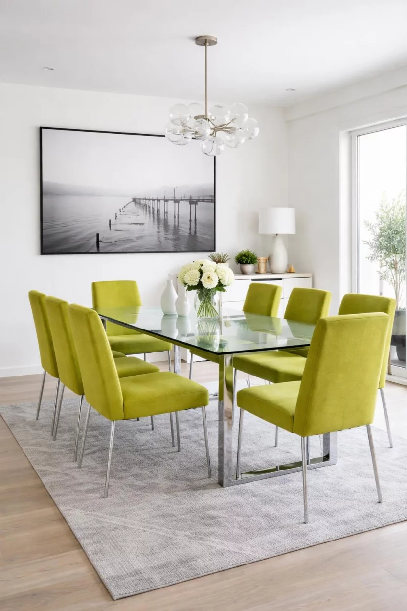 Lime Green Modern Minimalism A realistic photo of a dining room with bright lime green accent chairs, a glass dining table, white minimalist walls, a large black and white photography print, and a modern gray area rug.