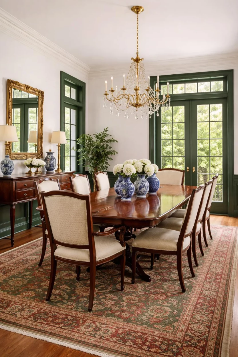 Classic Hunter Green Trim A realistic photo of a dining room with white walls, hunter green painted window frames and baseboards, a mahogany dining table, traditional blue and white porcelain vases, and an oriental rug in red and green tones.