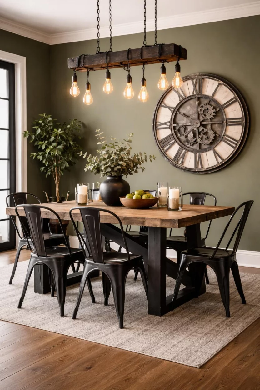 Army Green And Industrial Steel A realistic photo of a dining room with army green walls, a steel and wood industrial dining table, black metal Tolix chairs, a large oversized clock on the wall, and exposed Edison bulb lighting.