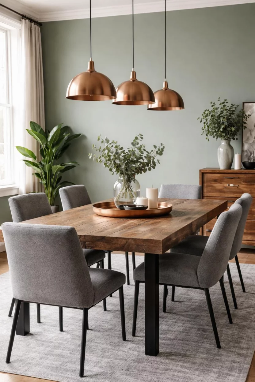Eucalyptus Tones And Copper Hardware A realistic photo of a dining room with dusty eucalyptus green walls, copper modern pendant lights, a reclaimed wood dining table, gray upholstered chairs, and a copper tray on the table.