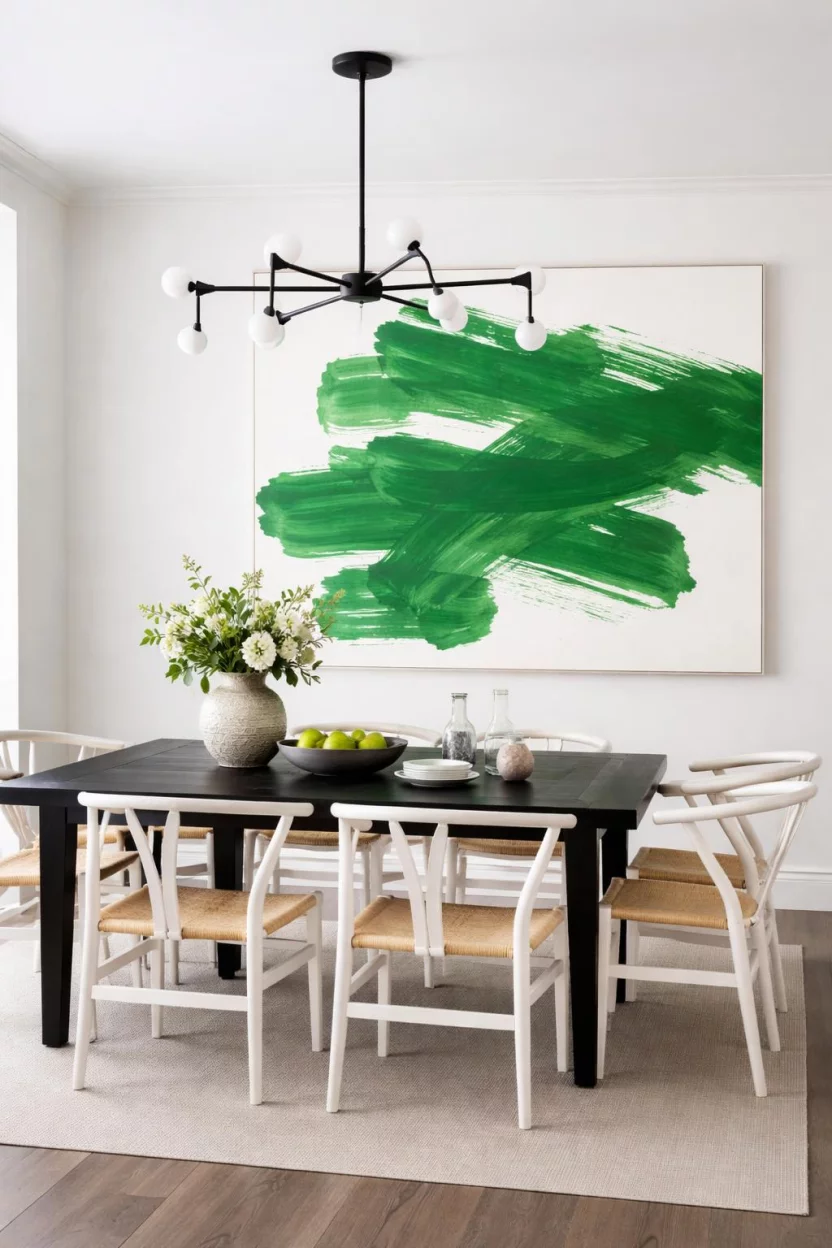 Kelly Green Statement Art A realistic photo of a dining room with white walls, a large oversized canvas painting with bold kelly green brushstrokes, a black wooden dining table, white wishbone chairs, and a geometric black chandelier.