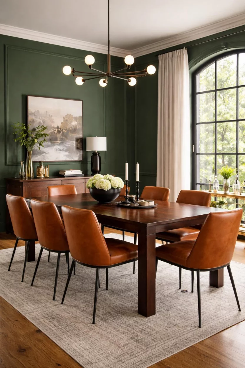 Moody Pine And Leather Compositions A realistic photo of a dining room with deep pine green walls, cognac leather dining chairs, a heavy dark wood table, a brass bar cart, and a large black metal framed window.