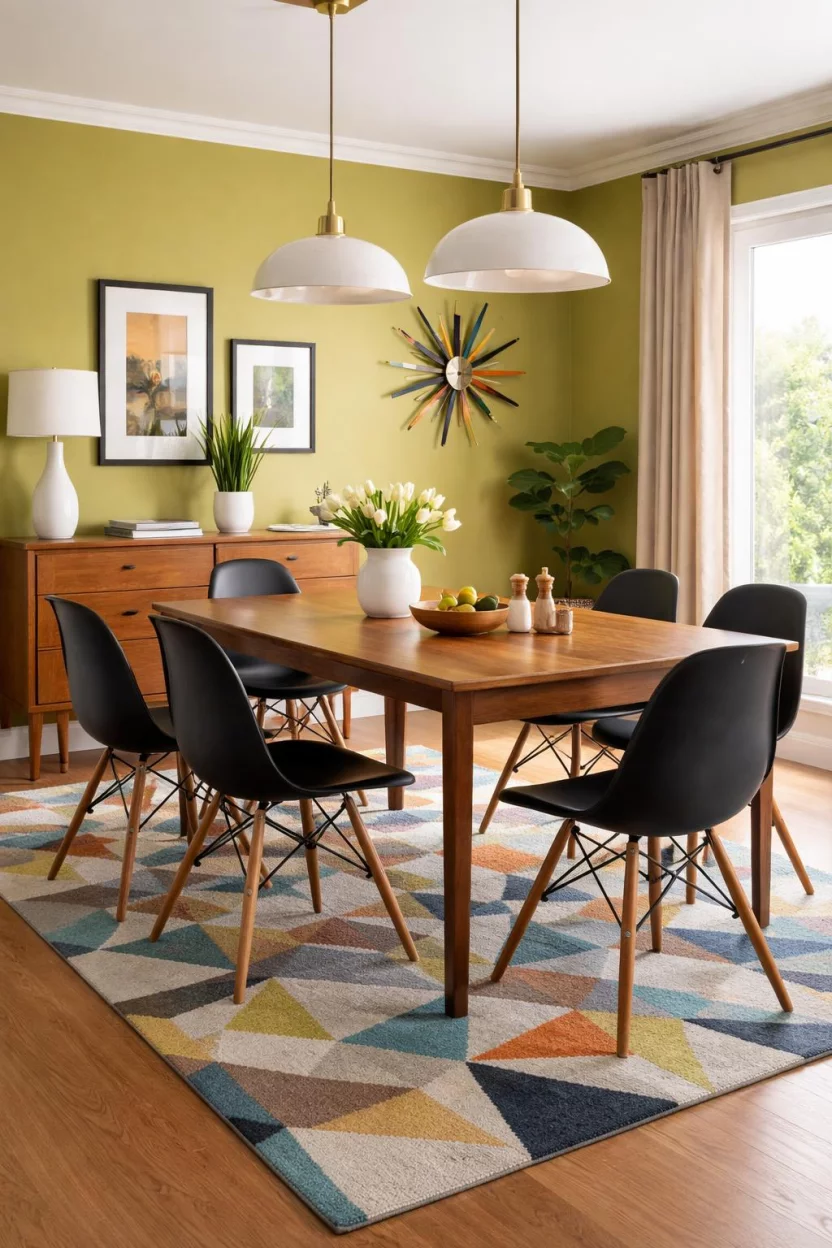 Chartreuse For Mid Century Flair A realistic photo of a dining room with chartreuse green accent walls, a teak dining table, black eames style chairs, a colorful sunburst clock, and a geometric wool rug.