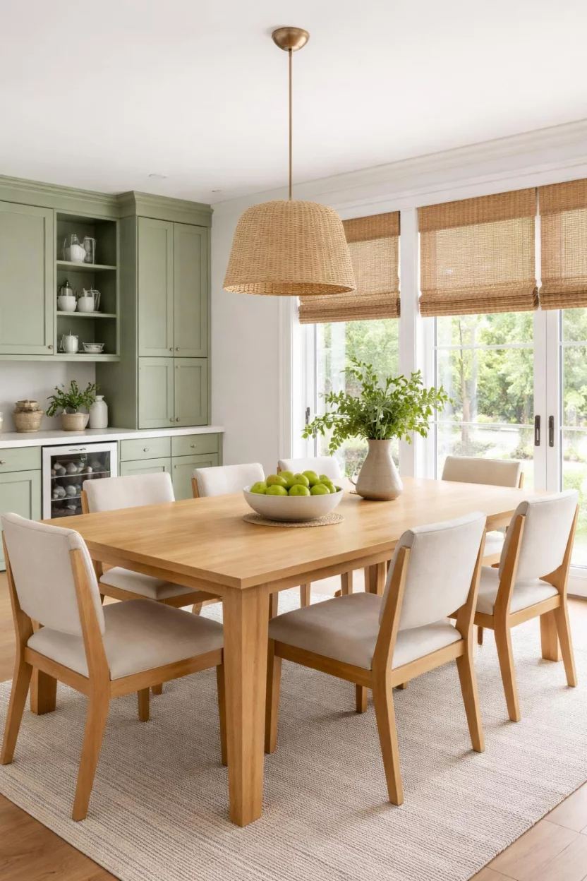 Pistachio Green Cabinetry A realistic photo of a dining room with an open concept, featuring pistachio green built in cabinets, a light wood dining table, woven wood blinds on the windows, and a ceramic bowl of green apples.