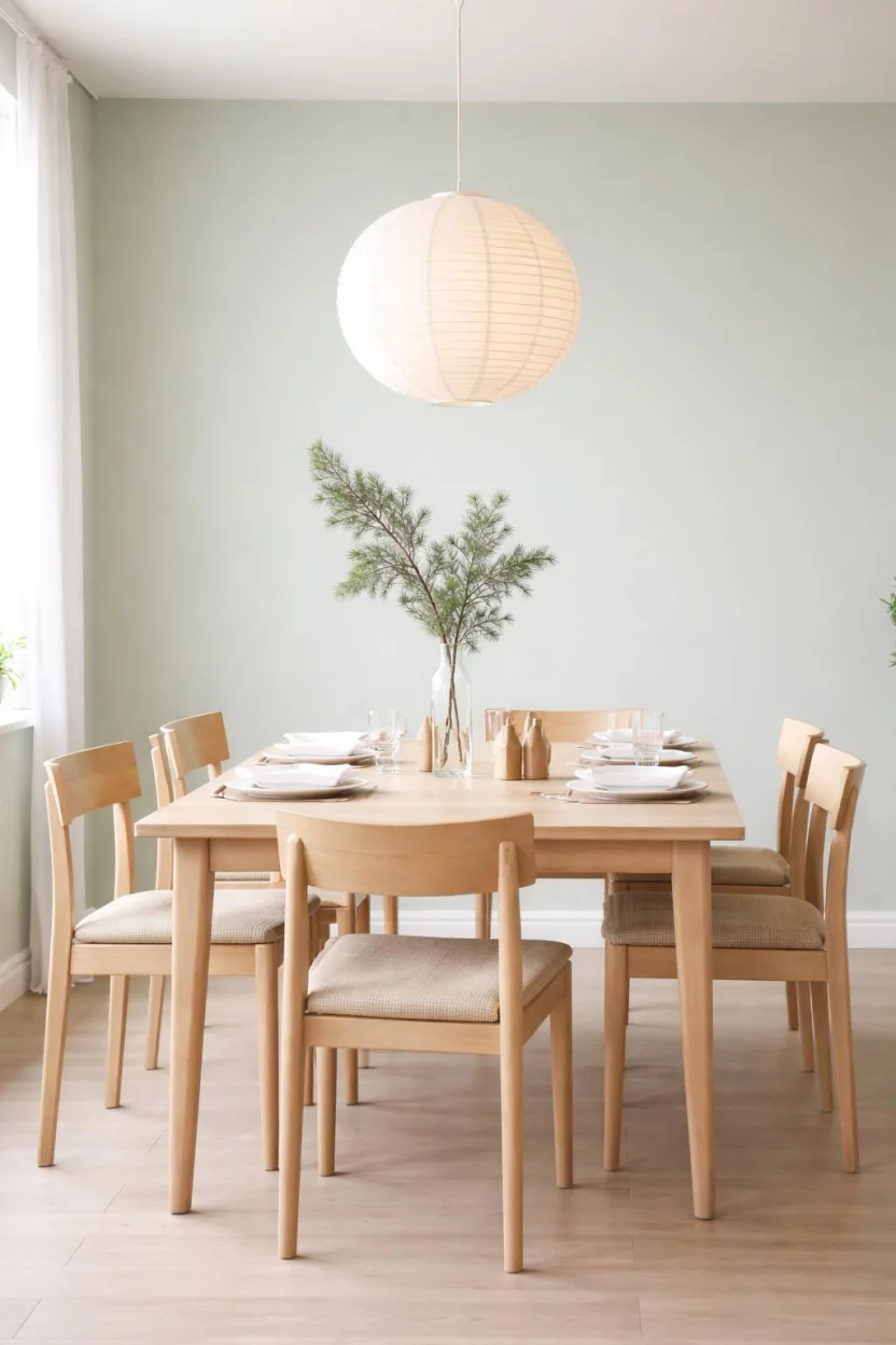 Soft Celadon And Minimalist Wood A realistic photo of a dining room with pale celadon green walls, a light ash wood dining set, white linen napkins, a simple paper lantern pendant light, and a single stem evergreen branch in a glass vase.