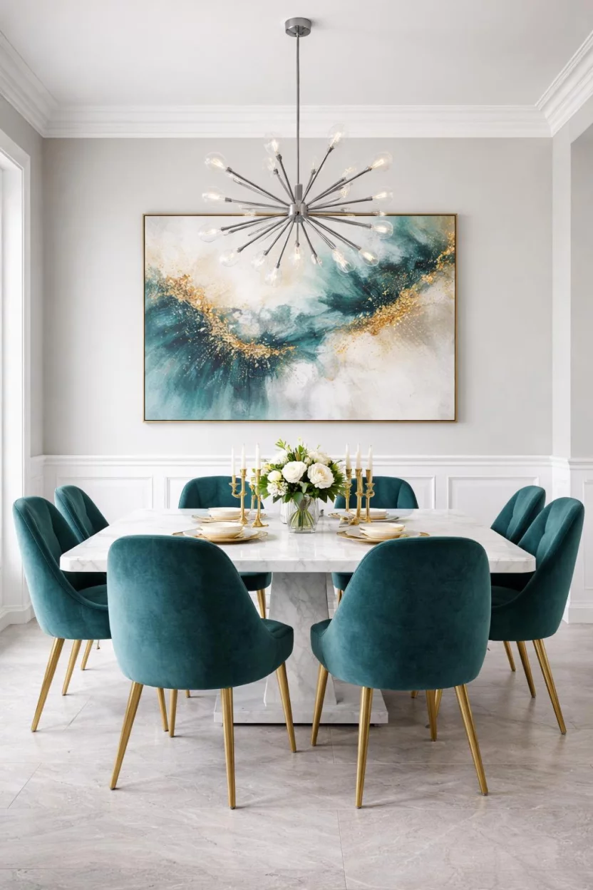 Teal Green Velvet Seating A realistic photo of a dining room with light gray walls, a marble top dining table, teal green velvet dining chairs, a silver sputnik chandelier, and a large abstract painting with teal and gold accents.