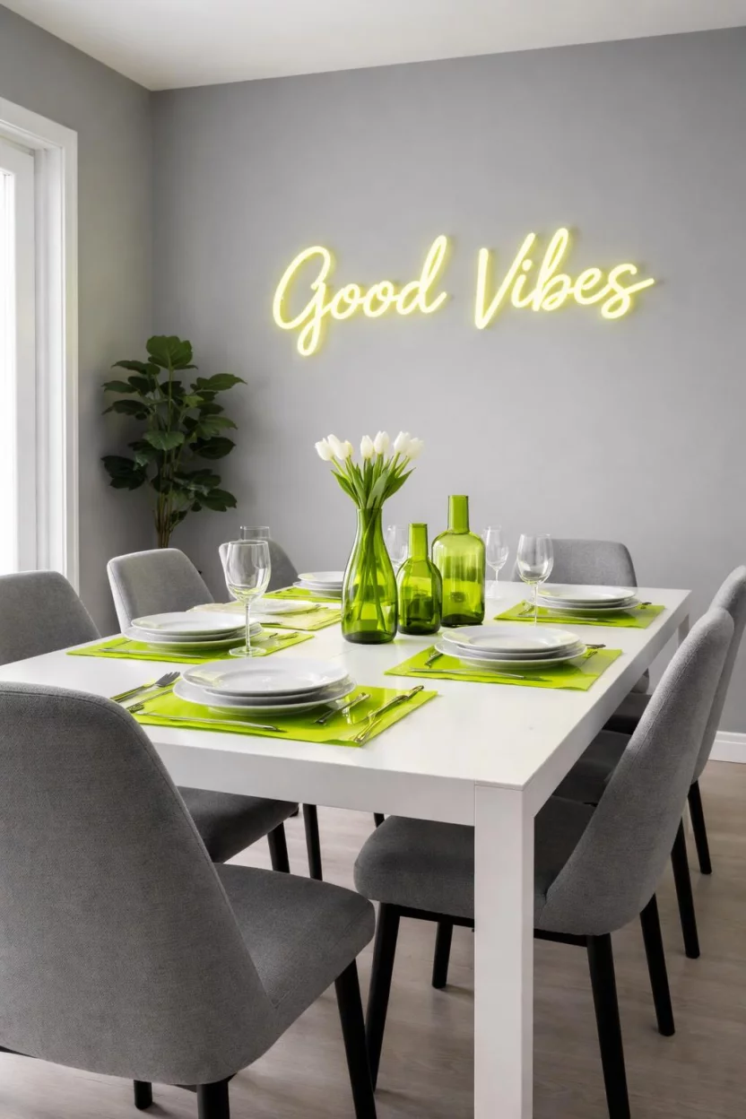 Neon Green Small Accessories A realistic photo of a dining room with gray walls, a white dining table, gray chairs, neon green acrylic placemats, neon green glass vases, and a modern neon sign on the wall.