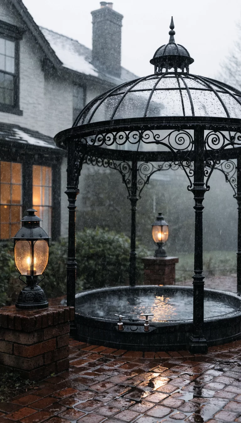 A realistic photo of an American home's backyard featuring an elegant black wrought iron gazebo with intricate scrollwork, a domed metal roof, a sunken hot tub, a brick patio, and Victorian style gas lanterns glowing softly in the evening mist.