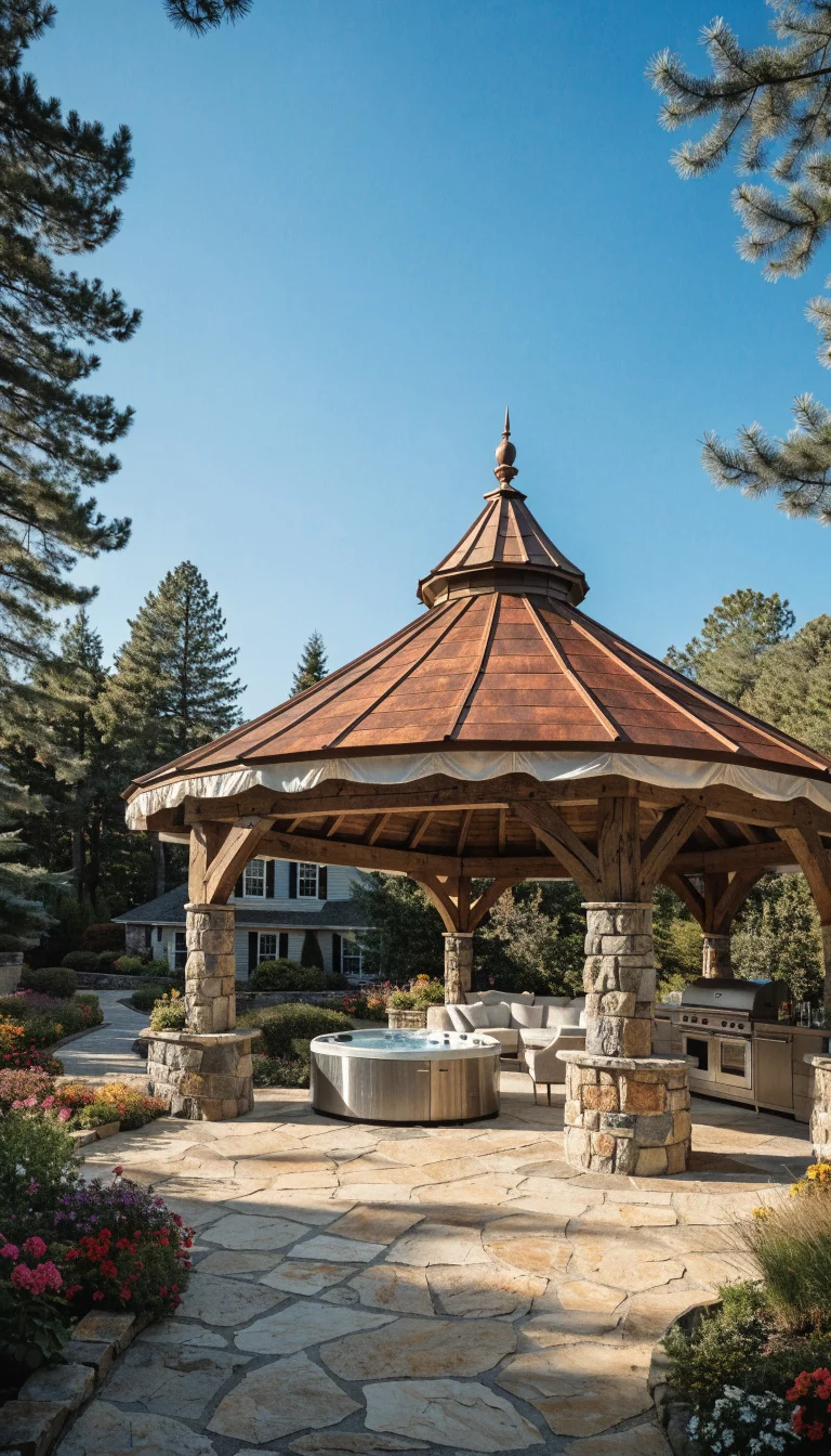 A realistic photo of an American home's backyard including a gazebo with massive stacked stone bases, heavy oak timber beams, a copper roof, a large hot tub, and a professional outdoor kitchen nearby with stainless steel appliances under a clear sky.