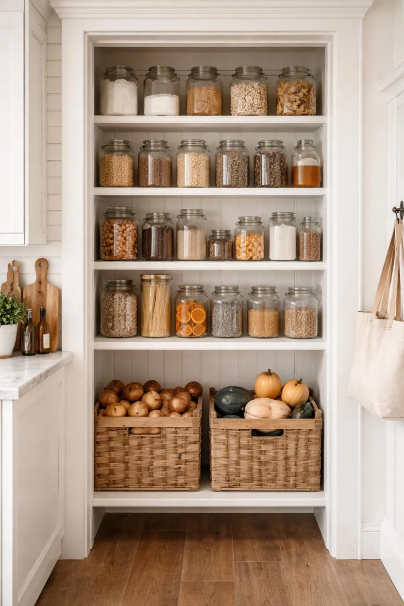 A realistic photo of a kitchen with a rustic white painted pantry filled with bulk dry goods in glass jars and large wood crates at the bottom for storing potatoes and squash.