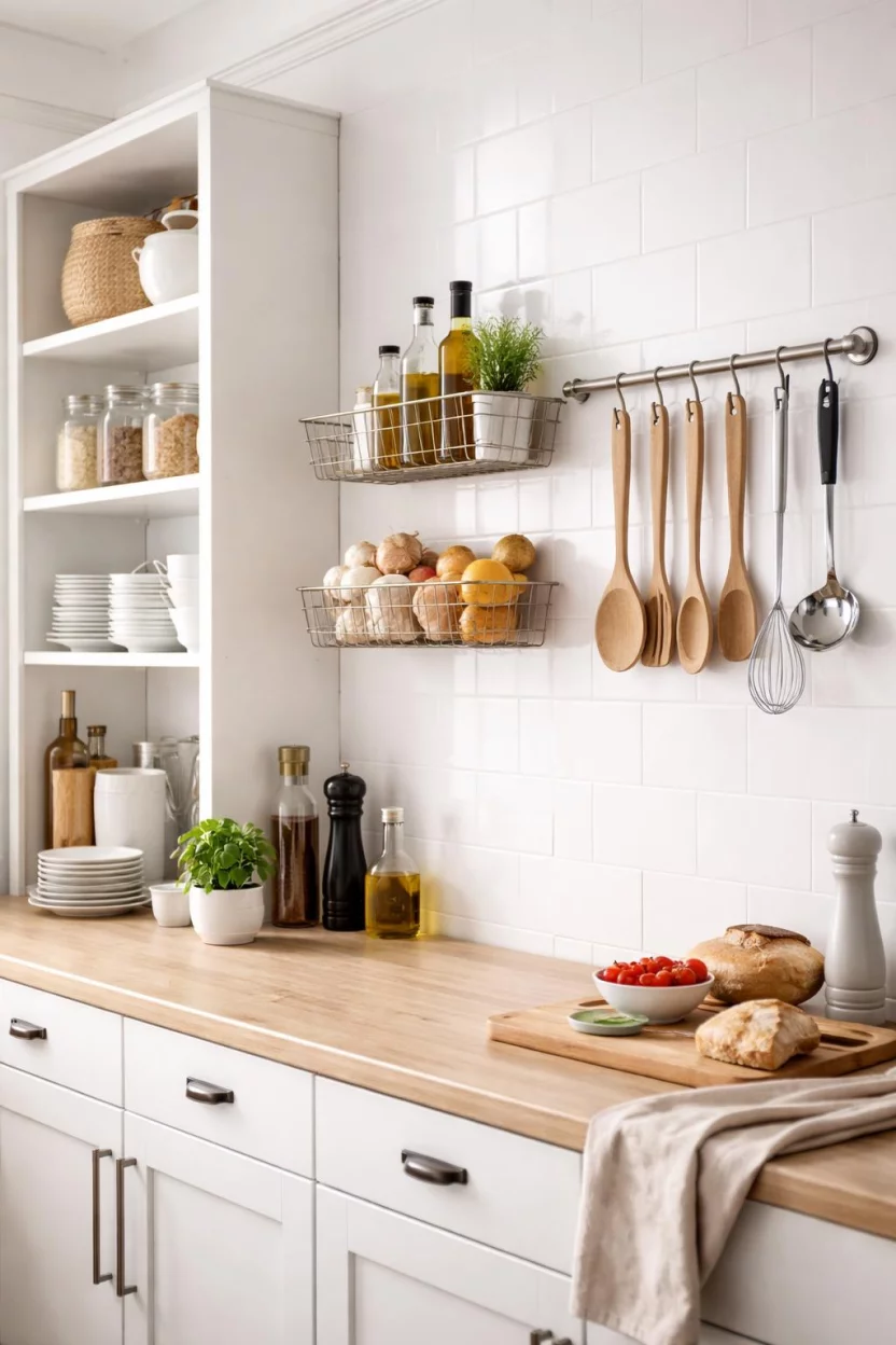 A realistic photo of a kitchen with white shelving units next to a wall mounted metal rail system holding small wire baskets and hooks for wooden spoons and kitchen utensils.
