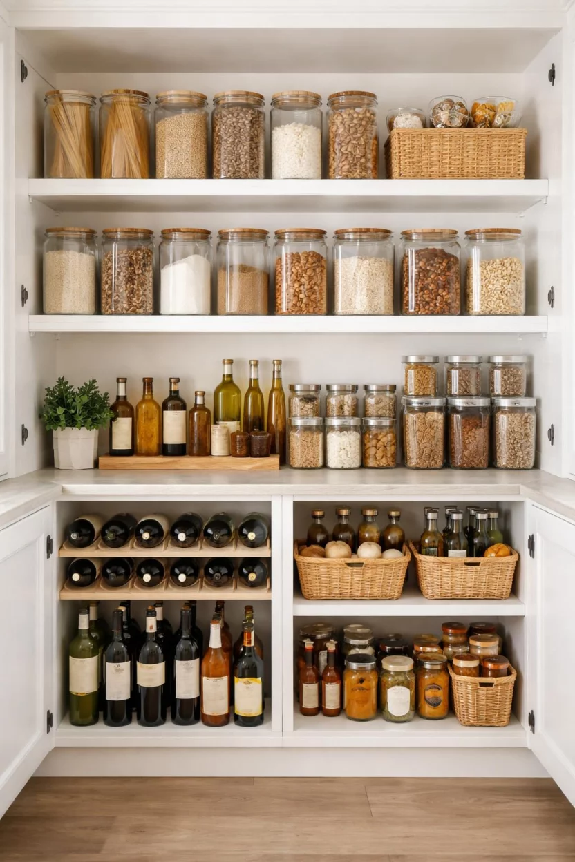 A realistic photo of a kitchen pantry with upper white shelves holding large glass canisters of dry goods and a lower cabinet filled with glass bottles of wine and condiments.