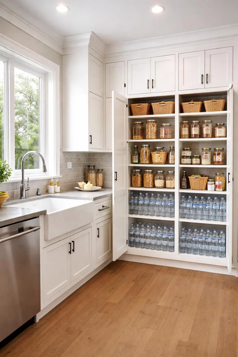 A realistic photo of a kitchen featuring a farmhouse sink and stainless steel dishwasher next to a full wall of built in white pantry cabinets stocked with clear bottled water and dry goods.