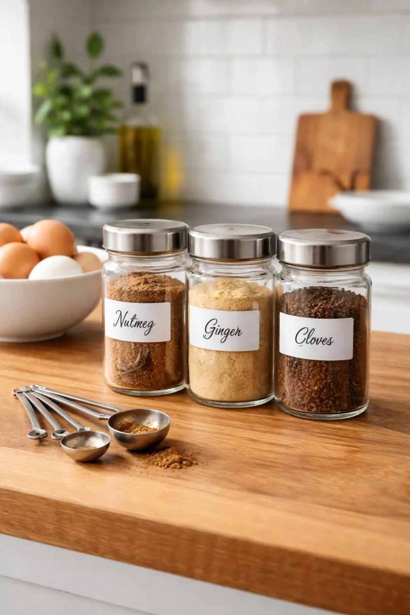 A realistic photo of a kitchen with three clear glass spice jars labeled for Nutmeg, Ginger, and Cloves sitting on a natural wood counter next to silver measuring spoons and a white bowl of eggs.