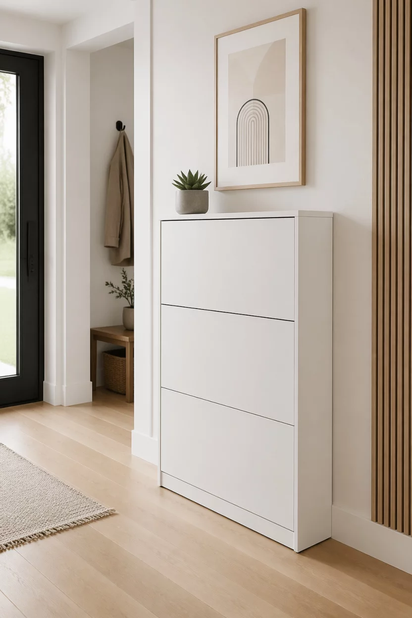 Scene: A clean entryway with light wood floors. Subject: A slim white shoe cabinet with hidden compartments. Important details: Seamless doors, no visible handles, minimalist design, a small succulent on top, bright lighting, clutter-free environment, architectural detail.