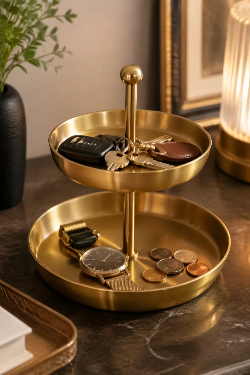 Scene: Close up on a console table. Subject: A two tiered brushed brass tray. Important details: Shiny gold finish, holding keys, a watch, and loose change, organized clutter, soft focus background, elegant and functional, warm lighting.