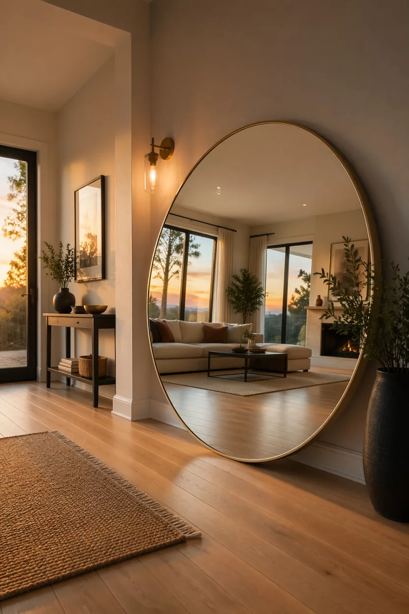 Scene: A modern foyer with light oak flooring at sunset. Subject: A large circular mirror with a thin gold frame leaning against a light gray wall. Important details: Reflective glass showing a glimpse of a clean living room, warm golden hour lighting, soft textures, wide angle lens, elegant and spacious feel.