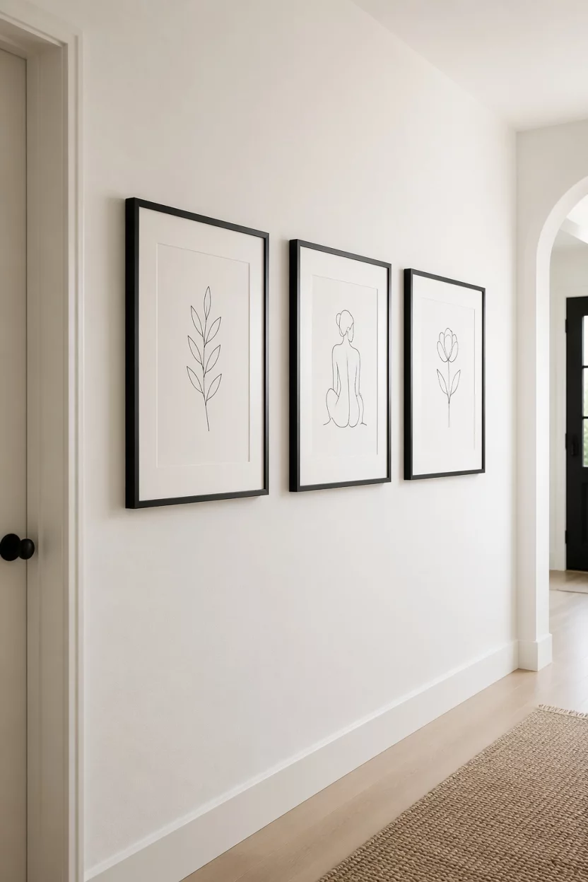 Scene: A white wall in a narrow hallway. Subject: Three identical black frames containing simple black line art on white paper. Important details: Minimalist sketches, wide white matting, symmetrical spacing, clean and airy, sophisticated gallery wall style.