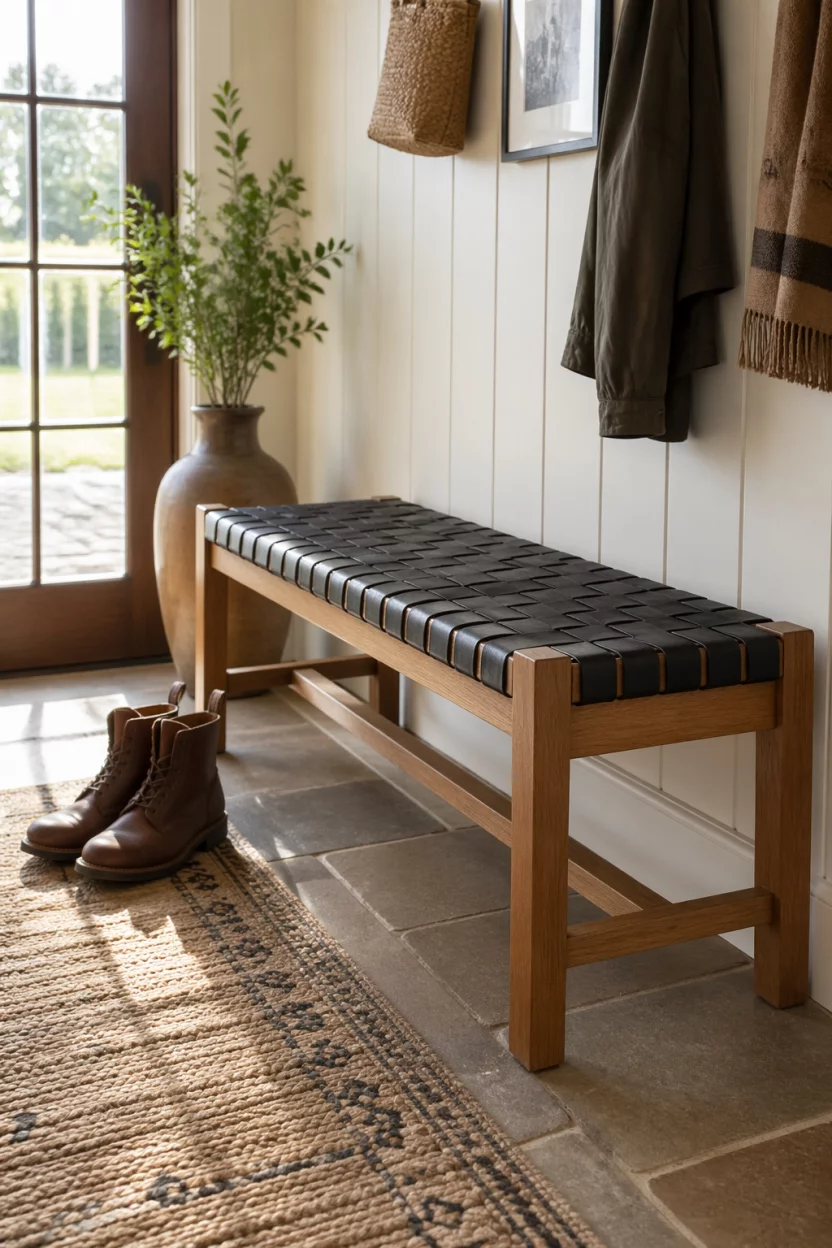 Scene: A bright airy mudroom entryway. Subject: A wooden bench with a black woven leather seat. Important details: Oak frame, crisscross leather straps, clean lines, a pair of leather boots nearby, natural morning light, rustic modern crossover.