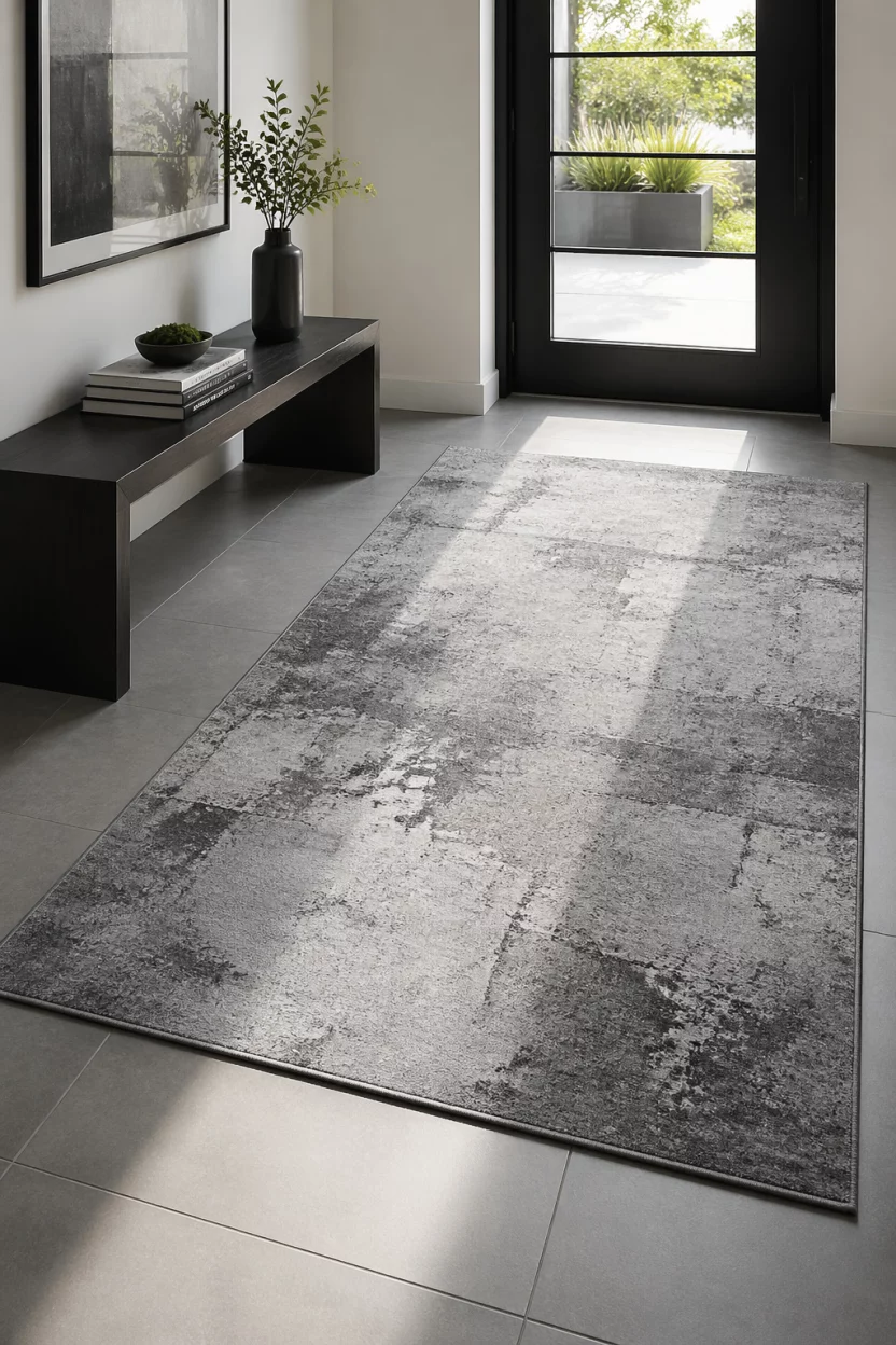 Scene: A modern entryway with large floor tiles. Subject: A low pile rug with a gray stone or concrete pattern. Important details: Abstract textured design, cool tones, durable fabric, sunlight across the surface, minimalist and clean look, urban aesthetic.