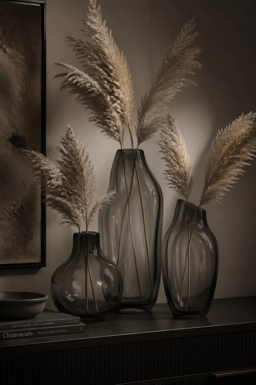 Scene: On top of a dark wood console table. Subject: A collection of three smoked gray glass vases of varying heights. Important details: Translucent material, organic shapes, dried pampas grass inside, soft shadows, Moody and elegant lighting, sophisticated shelf styling.