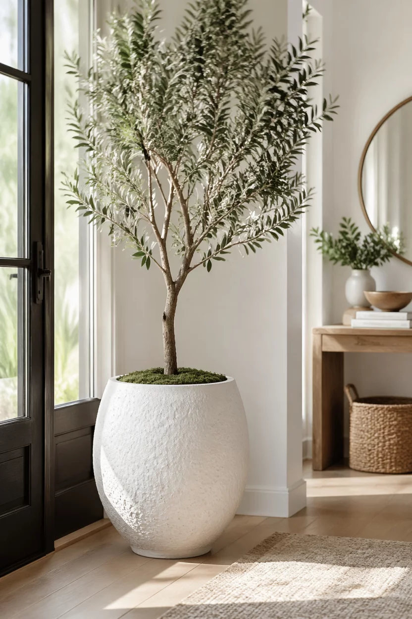 Scene: A sunlit corner of a modern entryway. Subject: A tall faux olive tree in a large white textured ceramic planter. Important details: Silvery green leaves, realistic wood trunk, bright airy background, soft focus on the leaves, macro details of the planter, peaceful morning light.
