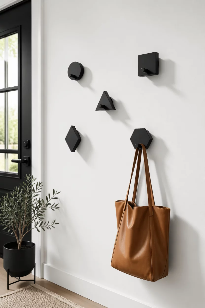 Scene: A white accent wall near a front door. Subject: Five matte black geometric wall hooks arranged in a staggered pattern. Important details: Modern shapes, a tan leather bag hanging from one, sharp shadows, high resolution, minimalist organization, functional art.
