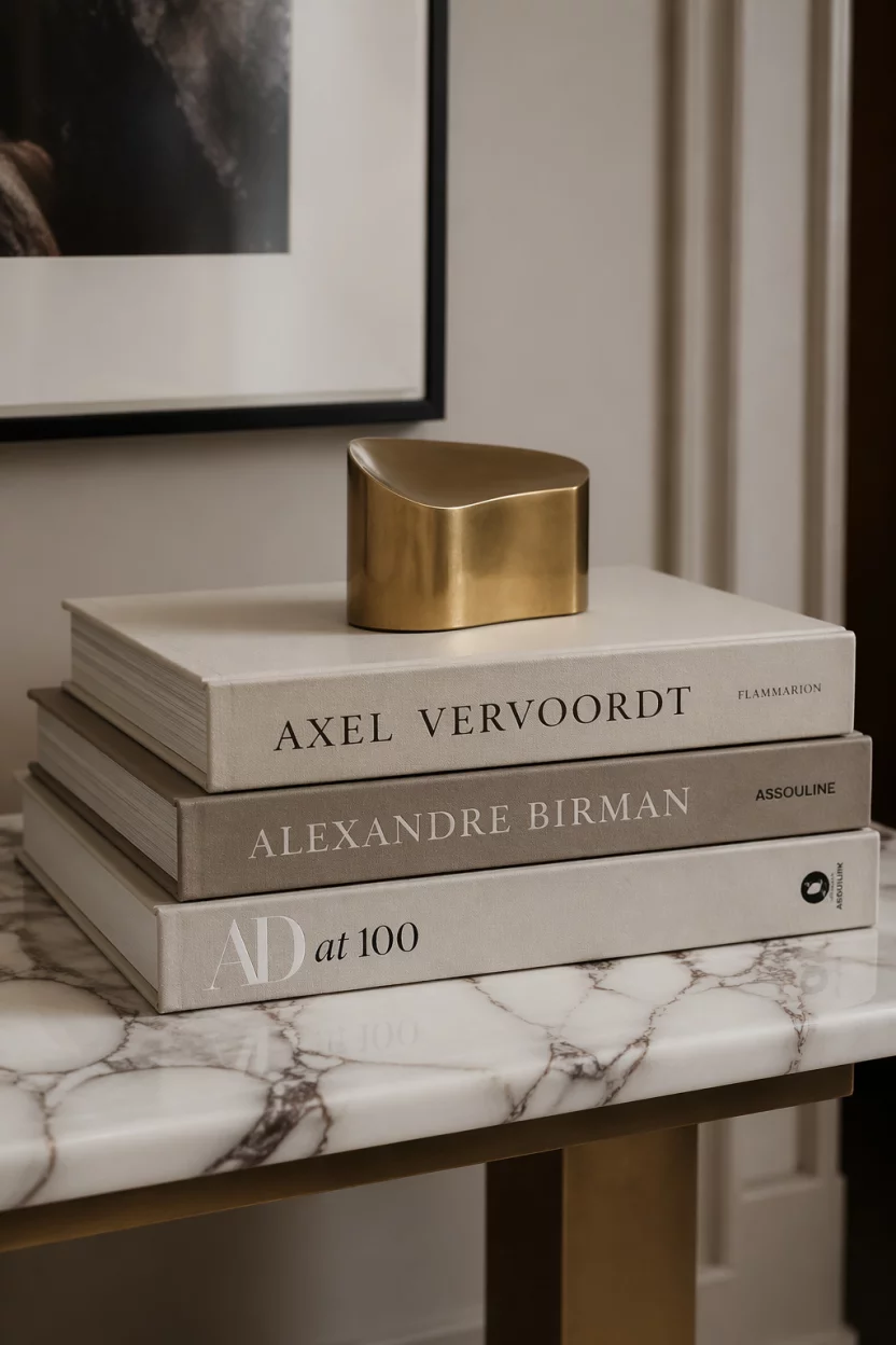 Scene: On a marble console table. Subject: A stack of three large hardcover art and architecture books. Important details: Neutral colored spines, matte finish, a small brass object sitting on top, professional lighting, luxury lifestyle feel, intellectual and aesthetic.