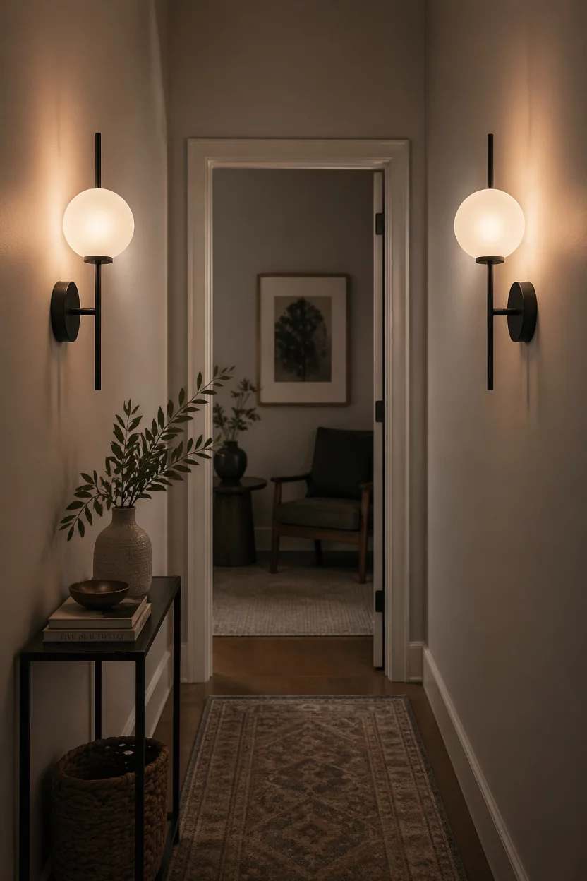 Scene: A narrow hallway with light gray walls. Subject: Two matte black mid century modern wall sconces with frosted glass globes. Important details: Symmetrical placement, warm light glow, clean hardware, vertical orientation, sophisticated evening mood, interior design photography style.