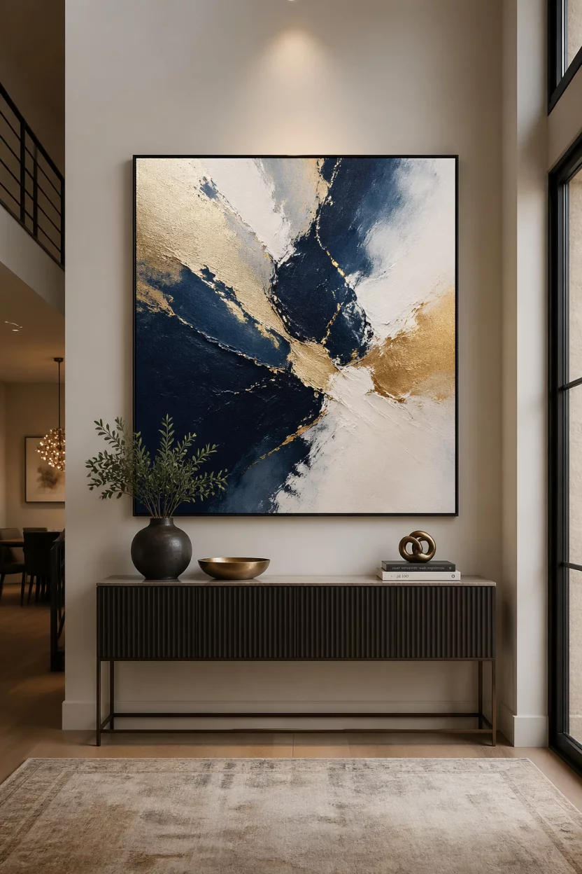 Scene: A modern foyer with high ceilings. Subject: A large square abstract painting with bold strokes of navy blue, gold, and white. Important details: Thin black gallery frame, textured paint surface, centered over a console, professional lighting, sophisticated and creative atmosphere.