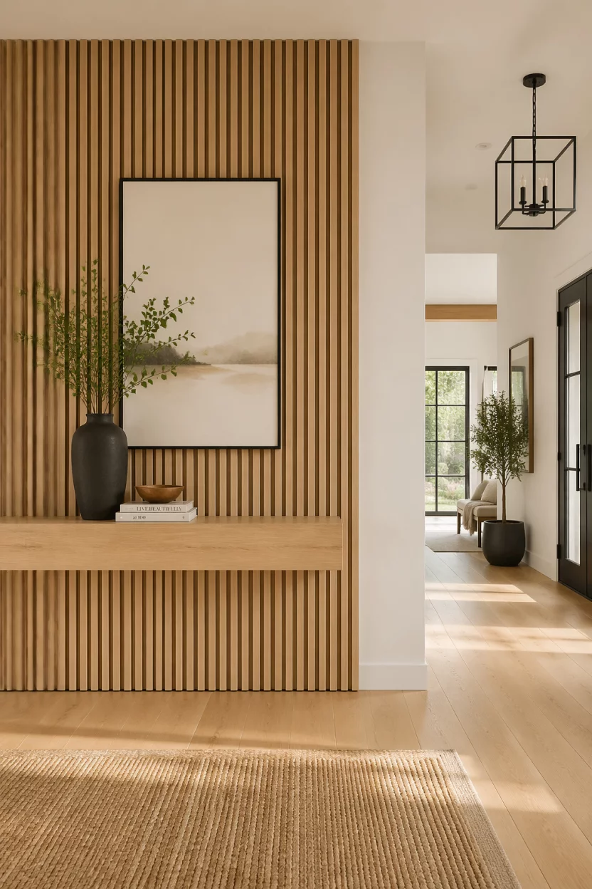 Scene: An accent wall in a spacious entryway. Subject: Vertical light oak wood slats covering half the wall. Important details: Shadow gaps between slats, natural wood grain, architectural interest, modern craftsmanship, bright interior, clean and warm aesthetic.