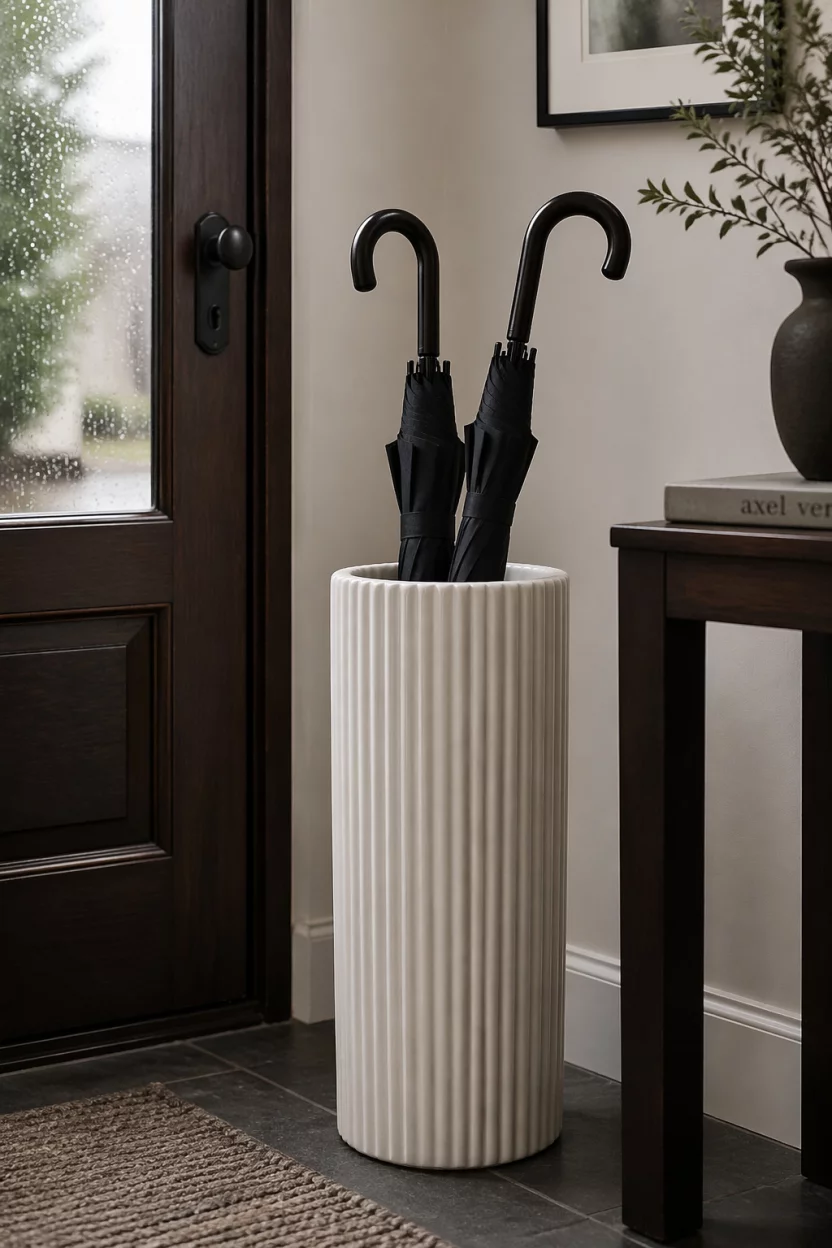 Scene: Near a dark wood front door on a rainy afternoon. Subject: A tall white ribbed ceramic umbrella stand. Important details: Vertical ridges, matte finish, two stylish black umbrellas tucked inside, soft diffused light, practical yet chic, high end home decor.