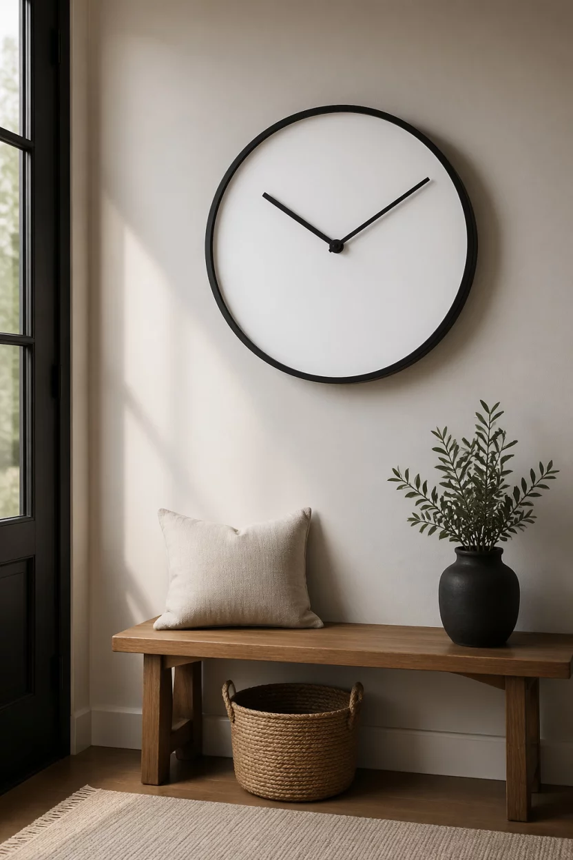 Scene: A simple entryway wall above a bench. Subject: A large round wall clock with a matte black frame and no numbers. Important details: Bare hands, clean white face, high contrast, modern aesthetic, soft natural light, quiet and focused atmosphere.