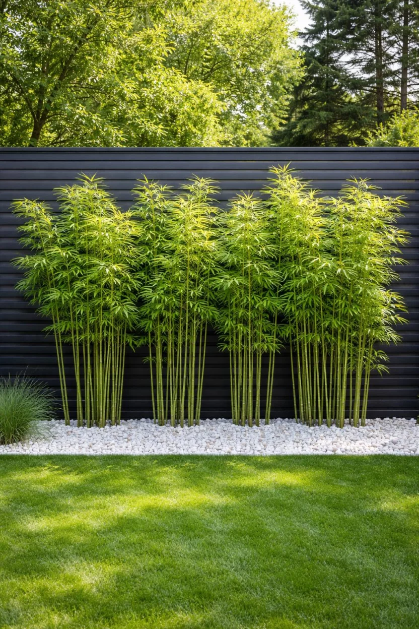 A realistic photo of an American home's backyard with a horizontal black slat wood fence, a row of bright green bamboo stalks, and a white gravel transition strip along the bottom.