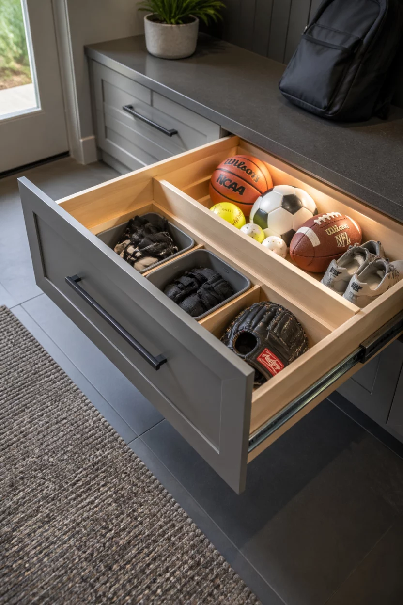 A low level cabinet in a mudroom with one drawer pulled out to reveal organized sports equipment, smooth metal glides, blonde wood interior, bright interior lighting, angled shot looking down, sleek and modern kitchen style cabinetry, highly functional.