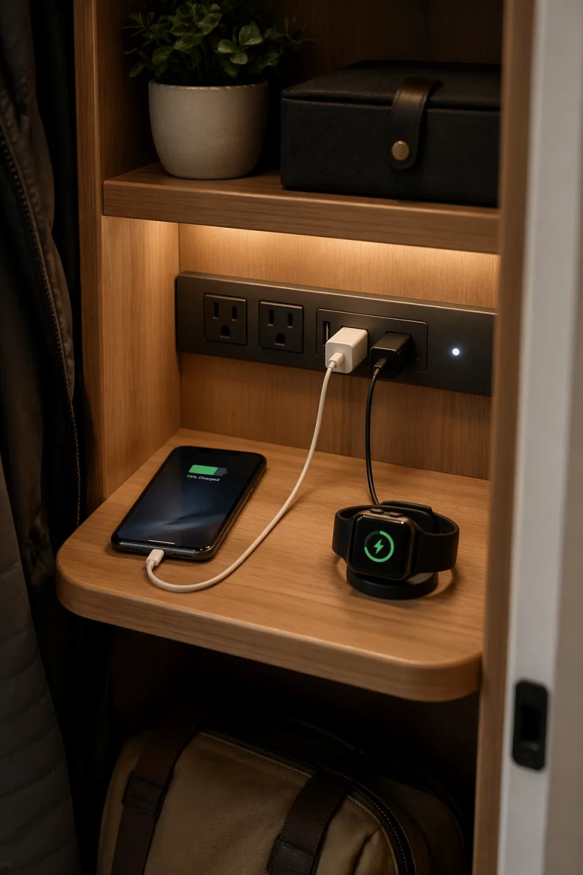 A small wooden shelf inside a mudroom closet with a built in power strip, a phone and a smartwatch plugged in and charging, tidy cables, soft glowing indicator lights, close up shot, modern technological convenience, organized and functional smart home feature.