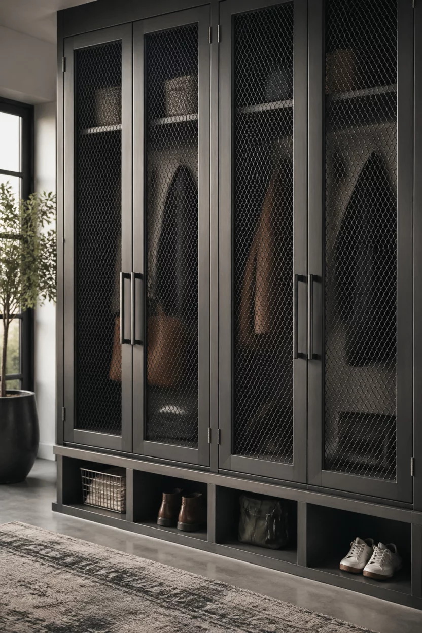 Mudroom cabinet doors with black wire mesh centers instead of solid wood, revealing silhouettes of coats and bags inside, industrial style metal handles, soft natural light reflecting off the wire, medium shot, modern and slightly edgy aesthetic, tactile texture.