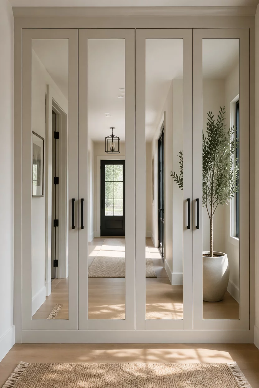 A set of tall mudroom closet doors with full length mirrors installed in the center panels, reflecting a bright hallway and a potted plant, soft natural light, modern black handles, sharp focus on the reflection, spacious and elegant feel, clean lines.