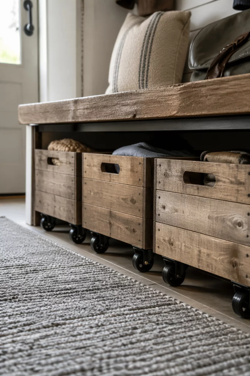 Three wooden crates on small black wheels tucked under a low mudroom bench, soft gray rug on the floor, natural morning light, close up on the wheels and wood texture, casual and rustic home aesthetic, easy to use storage solution.