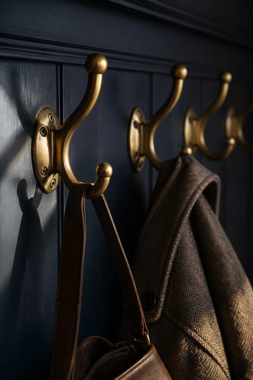 A row of aged brass double hooks mounted on a dark navy blue wall in a mudroom, a heavy wool coat and a leather bag hanging, side sunlight hitting the metal, macro shot of the hardware detail, sophisticated and moody atmosphere, rich colors.