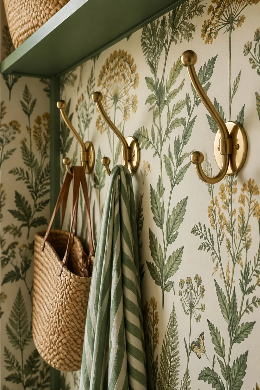 The inside of a mudroom closet lined with botanical print wallpaper in shades of green and gold, brass hooks mounted over the pattern, bright interior light, close up shot of the pattern and hardware, surprising and whimsical interior detail, sophisticated style.