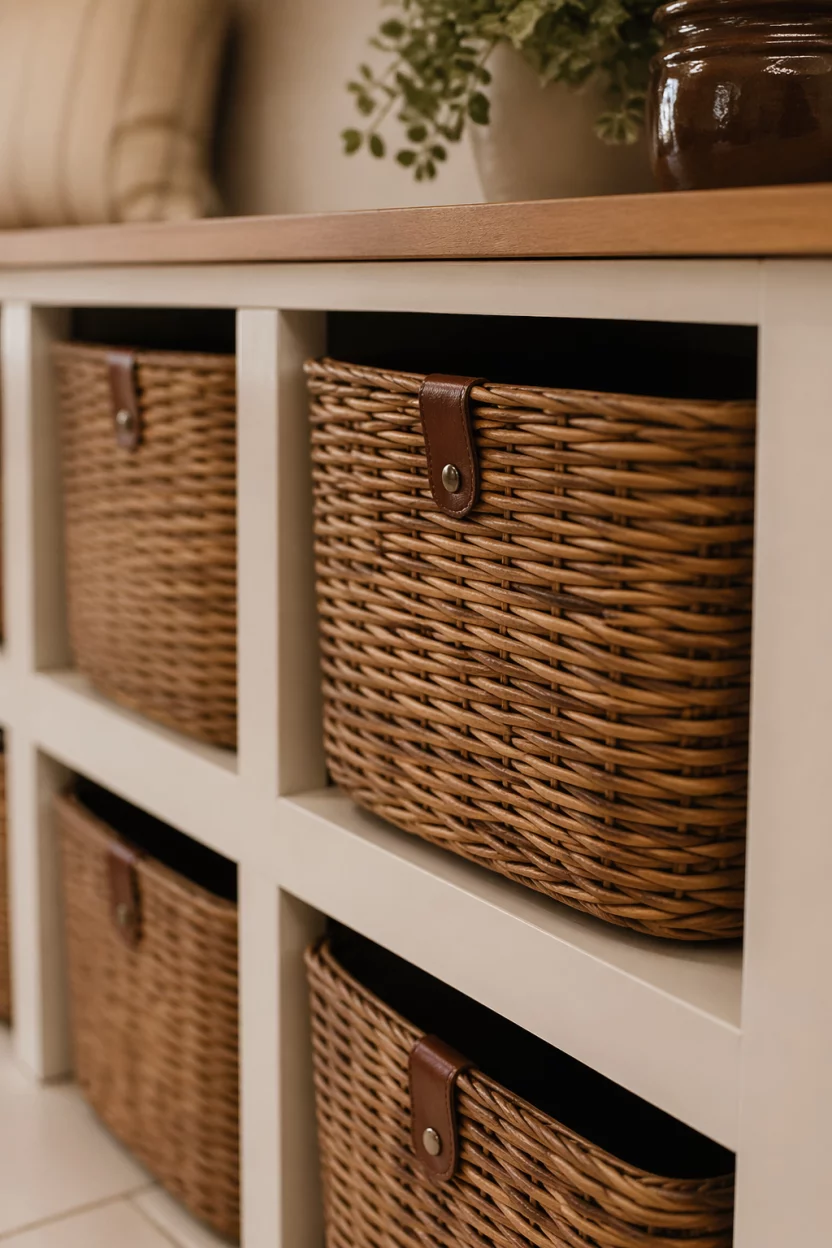 A series of handwoven willow baskets tucked into white shelving units in a mudroom, close up of the natural fiber texture, small leather pull tabs on each basket, soft warm indoor lighting, shallow depth of field, organic and cozy aesthetic, high quality lifestyle photography.