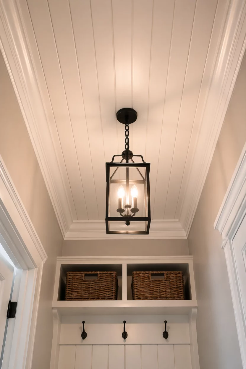 Looking up at the ceiling of a mudroom closet alcove, white beaded board panels with a small crown molding edge, a simple black lantern hanging light fixture, soft warm glow, architectural detail shot, classic and traditional interior design style, clean and crisp.